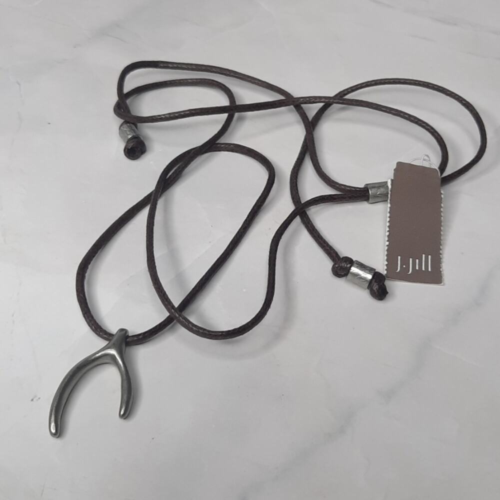 J. Jill Silver Tone Wishbone Pendant Adjustable Brown Cord Necklace